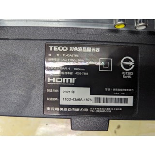 東元TECO 43吋LED液晶電視 TL43A6TRE 原廠專用電源、主機板 拆機良品