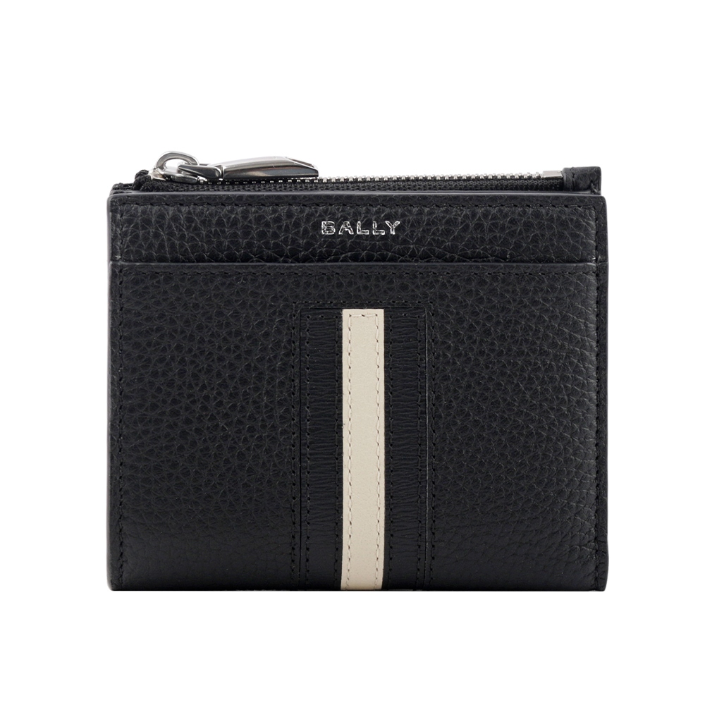 BALLY Ribbon 黑白條紋牛皮暗釦對開6卡短夾(黑色) 6304930