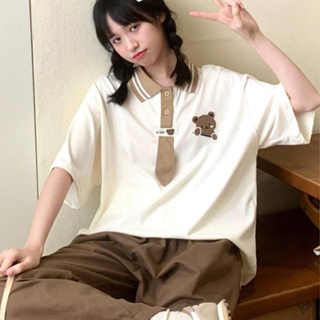 【Joybuy】日系小熊領帶純棉短袖polo衫T-shirt 女生新款夏季寬鬆短袖上衣女裝