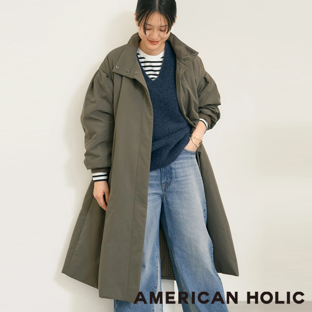 AMERICAN HOLIC 溫暖蓄熱面料格紋內裡後抓褶高領大衣(HA37L0Z06M0)