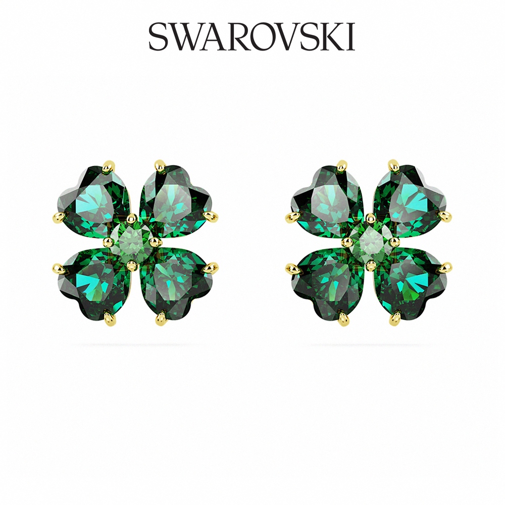 SWAROVSKI 施華洛世奇 Idyllia 耳釘 幸運草, 綠色, 鍍金色色調