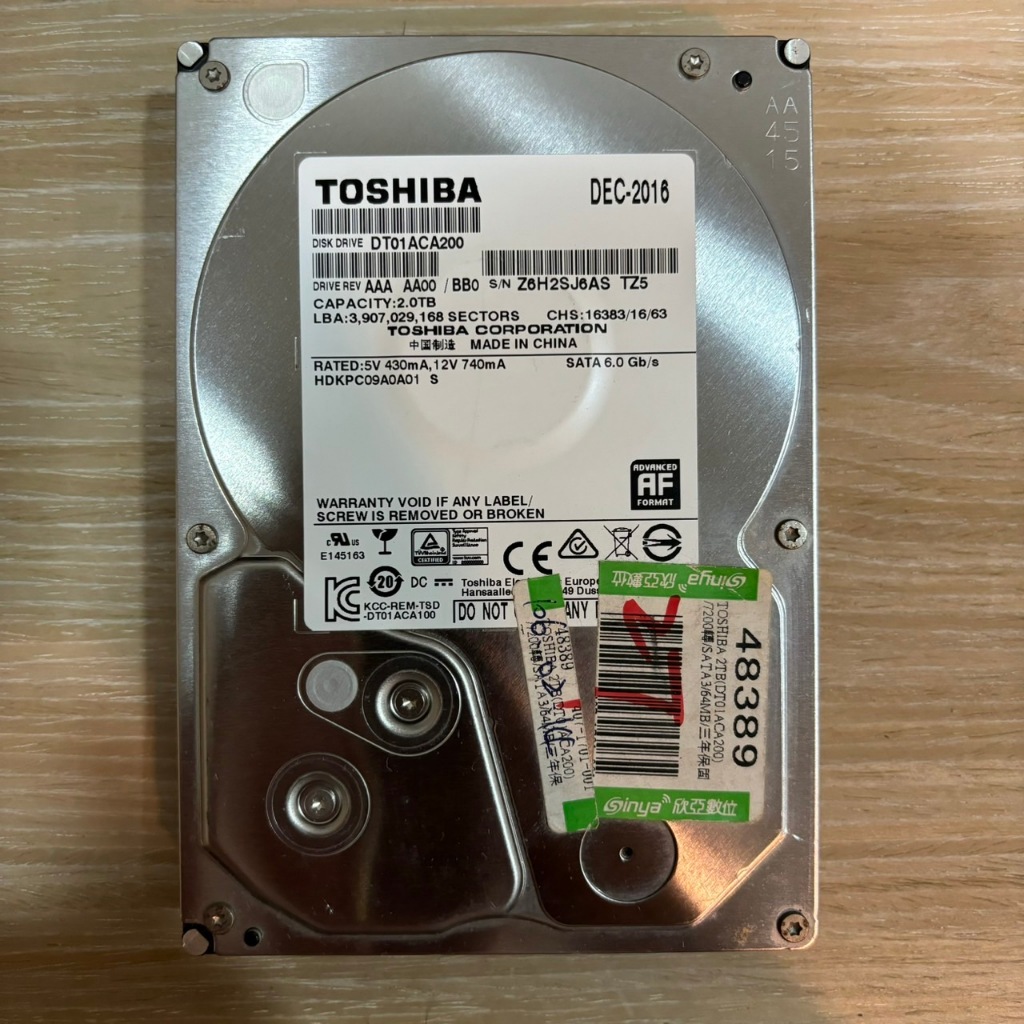 【TOSHIBA東芝】2T硬碟HDD【217次/1920時】(序6AS)