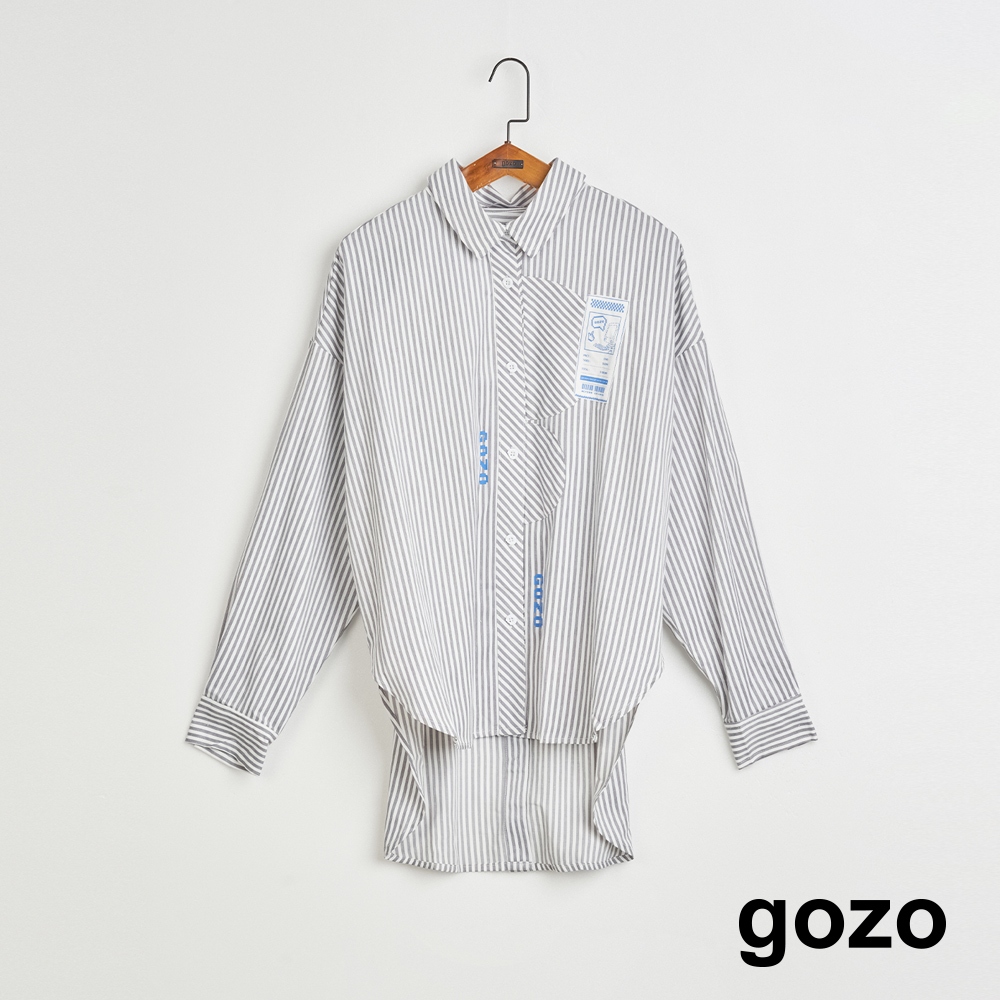 【gozo】➤條紋印花結構長袖襯衫(灰色/粉色_F) | 女裝 顯瘦 休閒