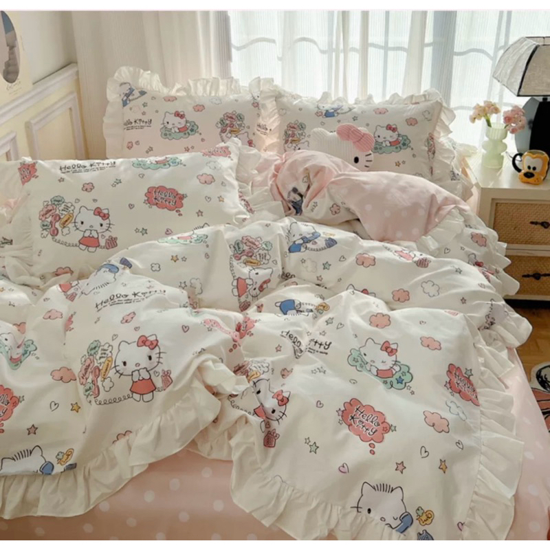超美💙三麗鷗 Hello Kitty  KT 凱蒂貓 公主風 花邊 荷葉邊 純棉 全棉 四季款 床包 四件組 預購款