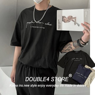 【DOUBLE4】韓國 字母短袖 草寫 韓系 純棉 情侶 五分T 落肩 休閒 短袖 韓國男裝 36465