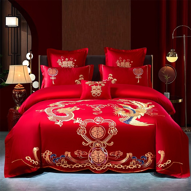 中式大紅色婚慶親膚棉四件組 床裙組 結婚必備大紅床包 婚嫁喜被 龍鳳床單 床罩 床套被套 新婚四件組 六件組 加厚磨毛喜