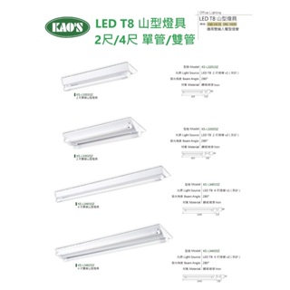 含稅 KAOS 台灣製造 LED用 山型燈具 2尺/4尺 單管/雙管 可加購LED燈管(黃光/自然光/白光)全電壓