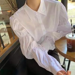 衣時尚 上衣 長袖襯衣 白襯衫S-2XL新款小眾鬆緊設計感減齡泡泡袖翻領單排扣長袖襯衫1F144-1849.