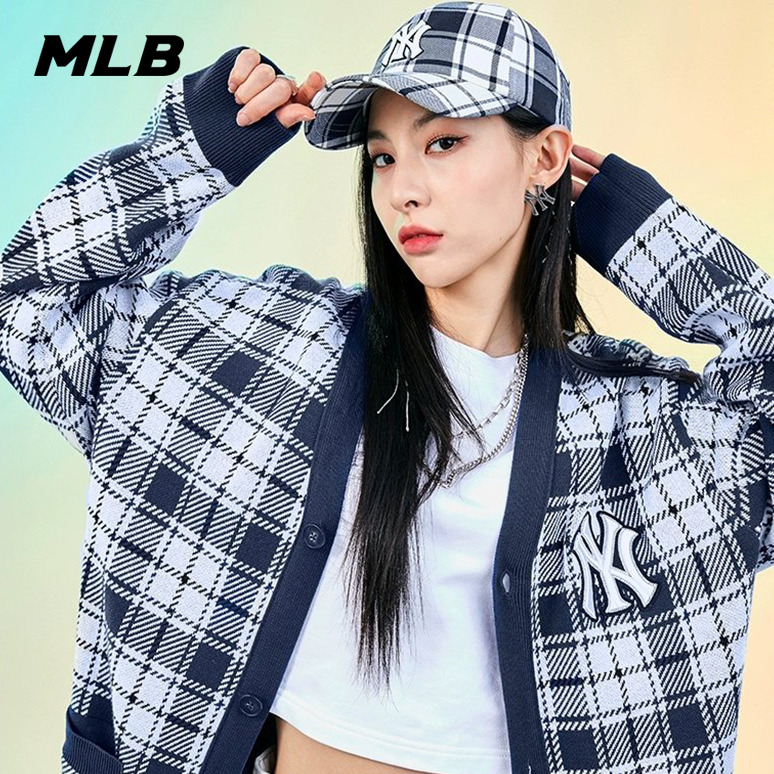 🇰🇷韓國代購 免運 MLB 格紋針織衫 NY 開衫 針織開衫 外套 毛衣 休閒寬鬆 情侶外套 3AKC001