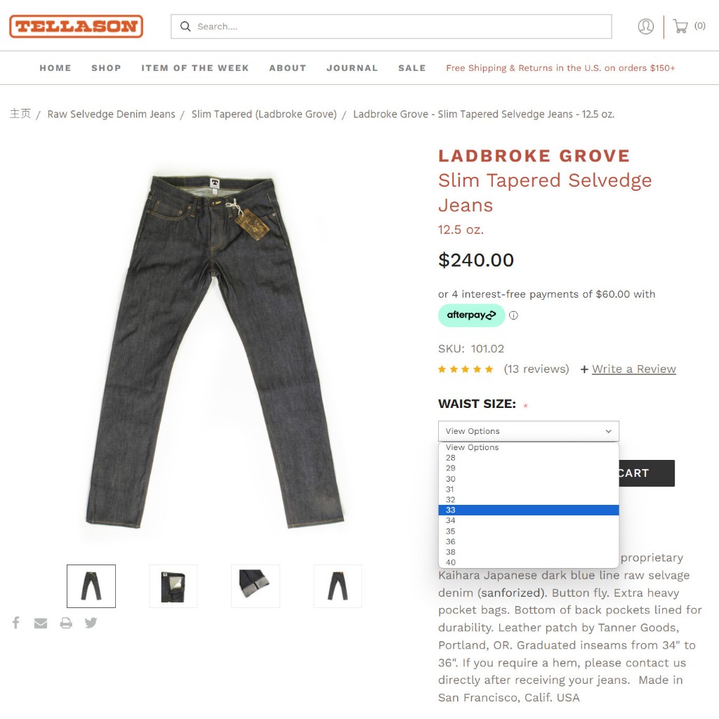 TELLASON LADBROKE GROVE Slim Tapered Jeans 12.5oz W33