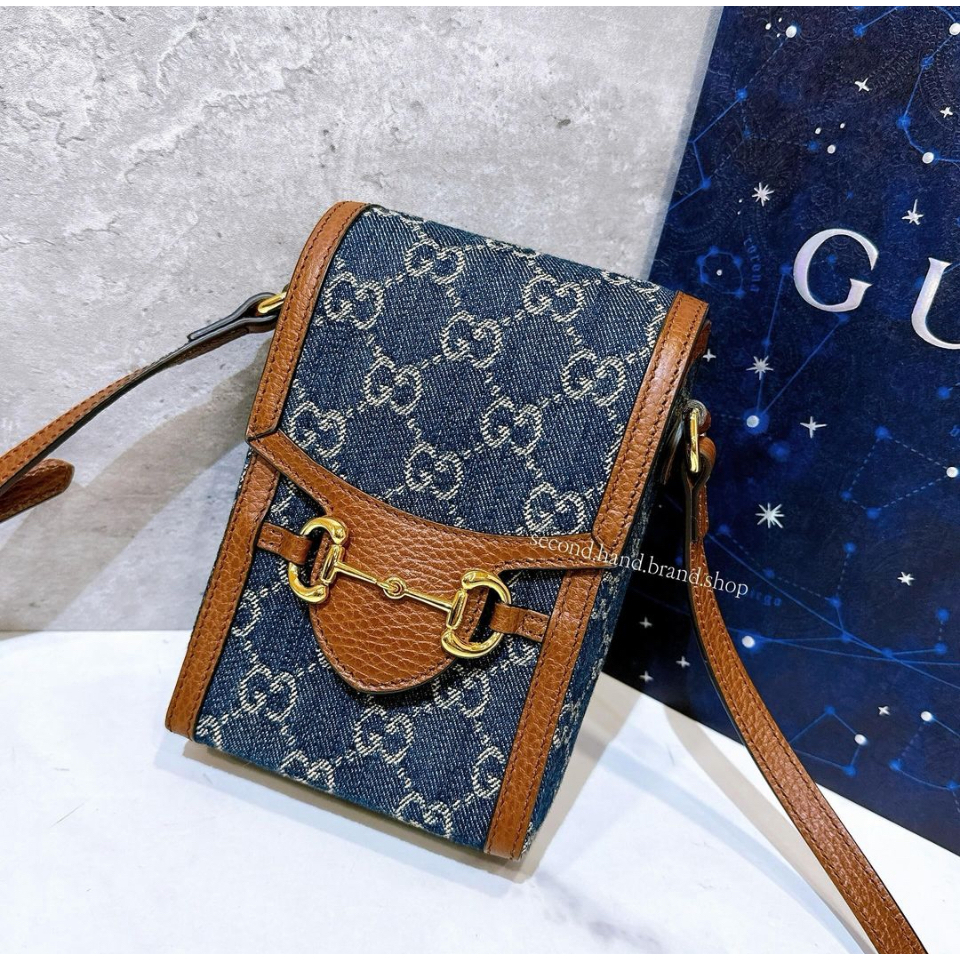 二手旗艦 GUCCI 藍色 牛仔緹花 直式 馬銜 掀蓋包 斜背包(中友店)