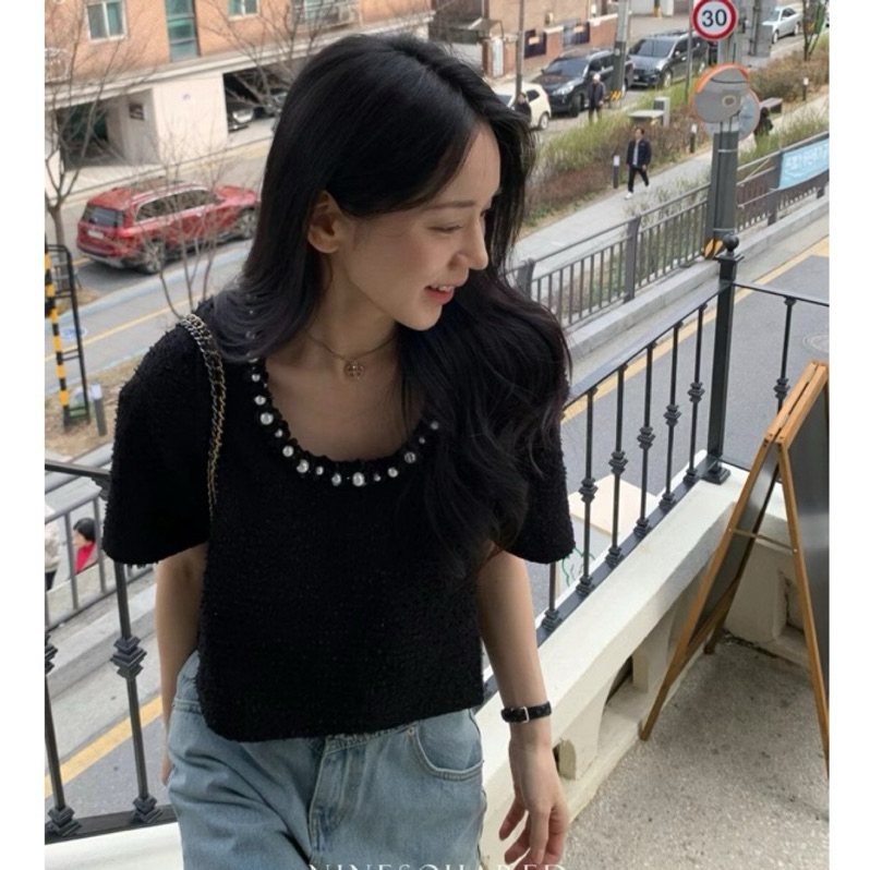 黑現+預購🇰🇷韓國東大門Ninesquared珍珠花朵圓領軟呢短袖上衣 小香風