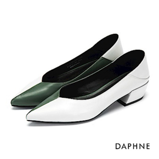 全新 達芙妮 DAPHNE 拼色縫線尖頭高跟鞋 墨綠 低跟鞋 中跟鞋 好走 拼接 撞色 復古鞋 尖頭鞋 粗根