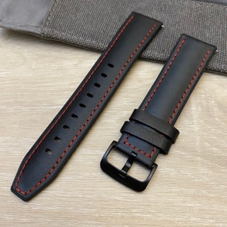 [現貨] 運動風格 皮革橡膠 複合式材質 黑皮革 紅色縫線 快拆 錶帶 22mm