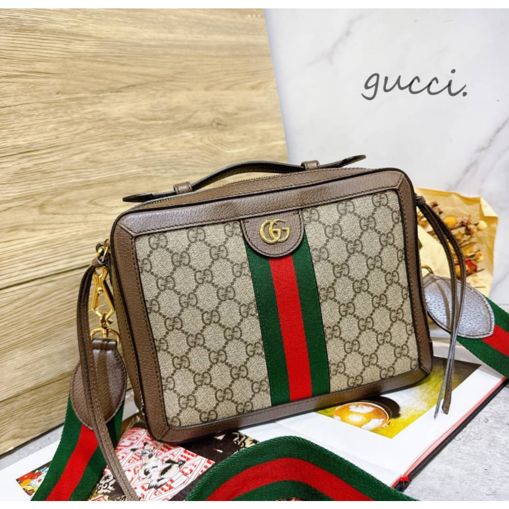 二手旗艦 Gucci 咖啡色 PVC 拉鍊 OPHIDIA 綠紅背帶 相機包 手提包 斜背包 大款(中友店)