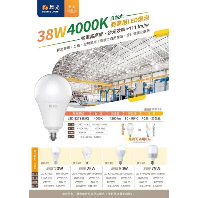 附發票 舞光 LED 25W 38W 50W 75W 燈泡 商業球泡 E27 E40 電燈泡 天井燈夜市燈 全電壓