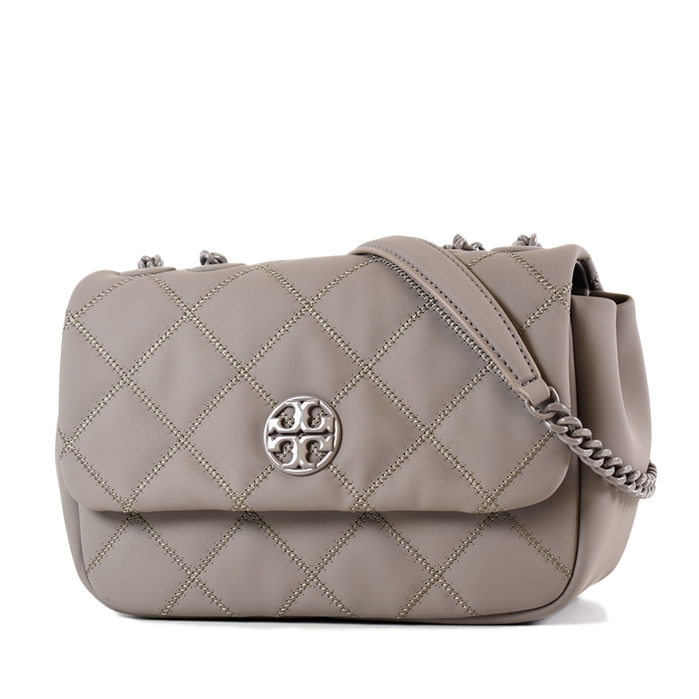 TORY BURCH WILLA 灰LOGO菱格翻蓋肩背/斜背二用包-霧色/小 【美國正品現貨】