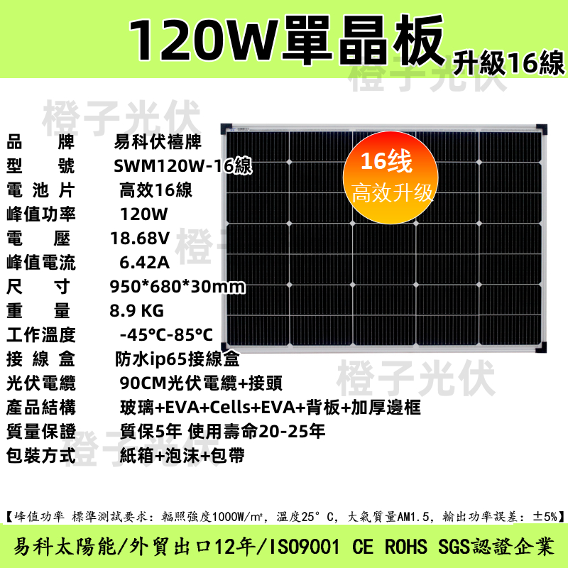 新升級16線高效太陽能板 120W單晶太陽能板 18V 太陽能板 120W 950*680*30 太陽能電池板