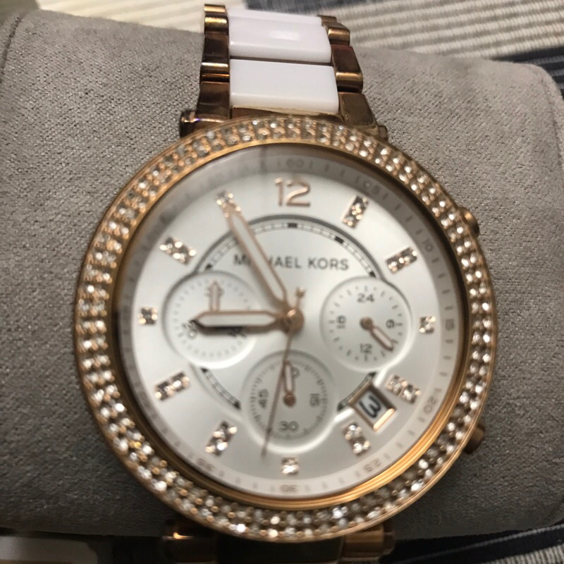 Michael Kors MK5774 華麗晶鑽時尚玻麗計時手錶-白X玫瑰金 三眼(741707