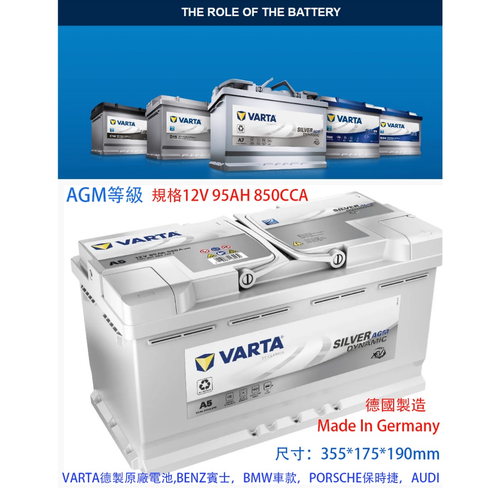 全新品Varta A5/G14德制AGM電池95ah適用歐規車Porsche保時捷bmw，Benz，Audi可用