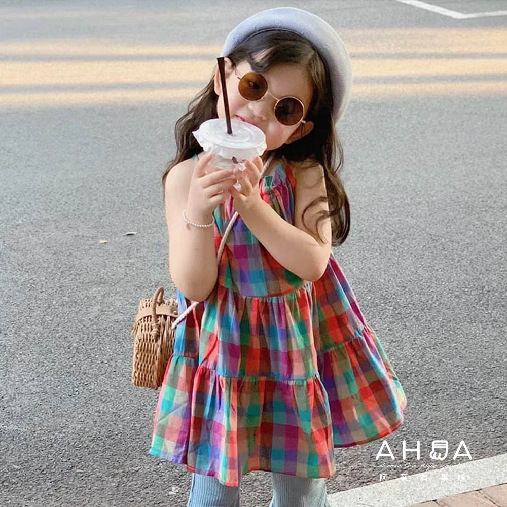 AHUA阿華有事嗎 TT0062 彩色格子細肩帶洋裝 & TT0063 純色微喇叭長褲 可愛 童裝 (預購)