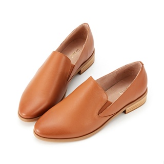 HERLS樂福鞋 品味生活全真皮素面橢圓頭樂福鞋 棕色