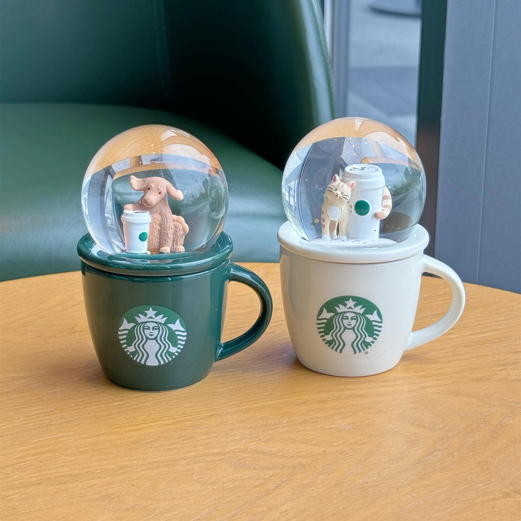 Starbucks官方正品！星巴克杯子2024活潑綠愛寵立體水晶球擺件89ml貓貓狗狗陶瓷咖啡品嘗杯咖啡杯迷你shot杯