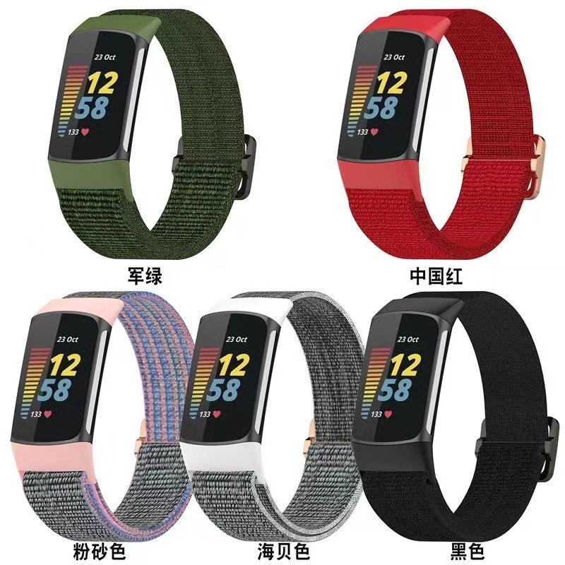 適用智慧手錶 Fitbit charge5 尼龍錶帶 Fitbit charge6 帆布編織錶帶