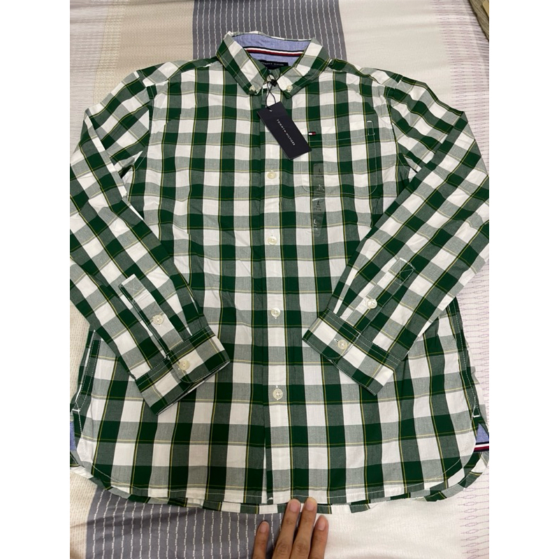 全新 正品 Tommy Hilfiger 男大童 L 12歲-14歲 綠色 格子 上衣 衣服 襯衫長袖 小孩 童裝