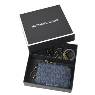 MICHAEL KORS 男款 緹花LOGO防刮L型拉鍊零錢包/鑰匙圈禮盒-藍色【美國正品 現貨】