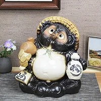 日本製❇️滋賀縣信樂燒 ❇️日本吉祥物 陶燒 狸貓~8號福鎚狸～金幣~雕像～擺飾