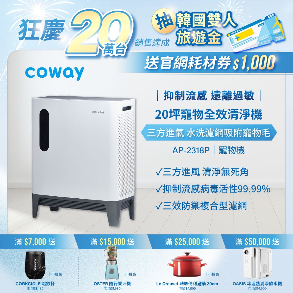 Coway 空氣清淨機 10-20坪 三方進氣 AP 2318 P  寵物機 母嬰適用 一年保固