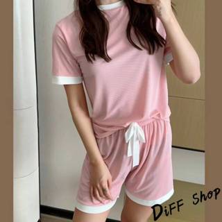 【DIFF】韓版撞色冰絲寬鬆休閒套裝 短袖上衣+短褲 女裝 衣服 寬鬆上衣 褲子 運動短褲 休閒短褲 睡衣【S301】