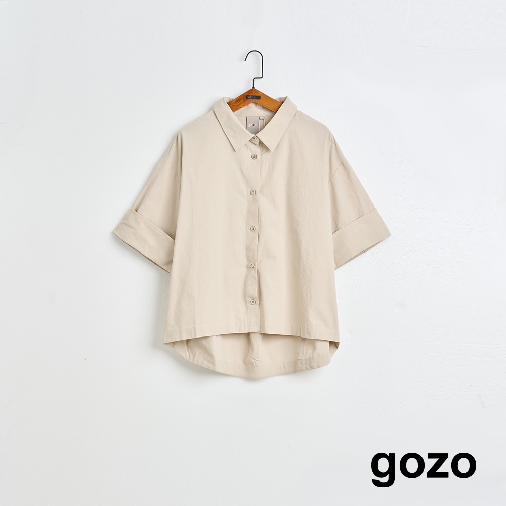 【gozo】➤織標反摺袖造型襯衫(米黃/淺藍_F) | 純棉 襯衫領 百搭