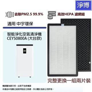適用中宇環保/中鋼集團CEYS0800A (大臺款)智慧淨化空氣清淨機活性碳HEPA二合一濾網濾芯(2入組)