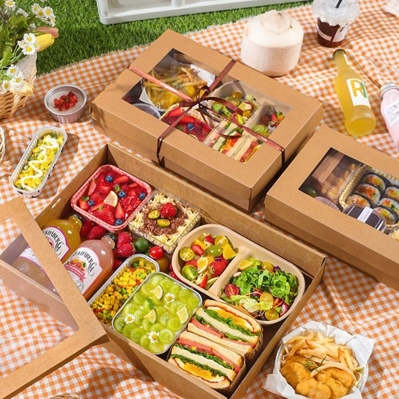 牛皮紙野餐盒一次性餐盒 戶外水果便當壽司 網紅野餐打包盒飯盒 戶外擺盤 外出打包盒