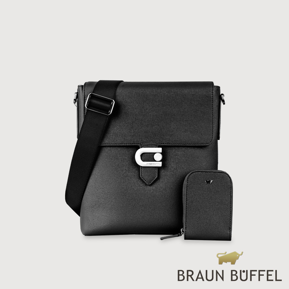 【BRAUN BUFFEL 德國小金牛】台灣總代理 卑爾根 直式斜背包-黑色/BF528-17-BK