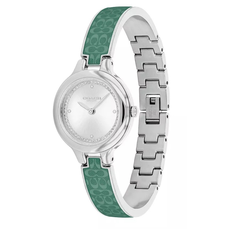 COACH Chelsea 時尚圓形白面綠LOGO琺瑯手鐲女錶 CO14504329