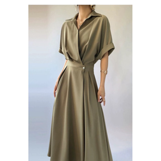 設計感襯衫連衣裙女夏季新款通勤氣質顯瘦長裙質感高級感收腰綠色裙子