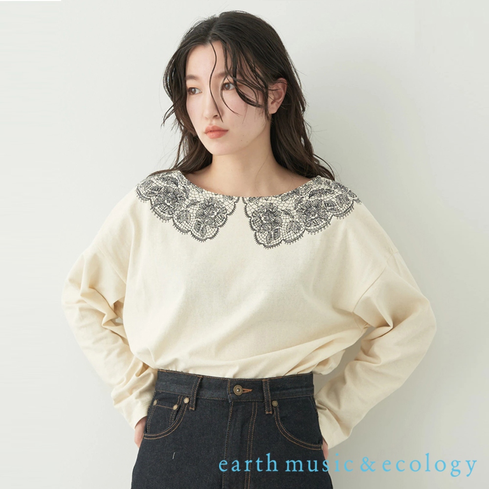 earth music&amp;ecology 花邊蕾絲設計圓領純棉長袖T恤(1L31L1C0300)