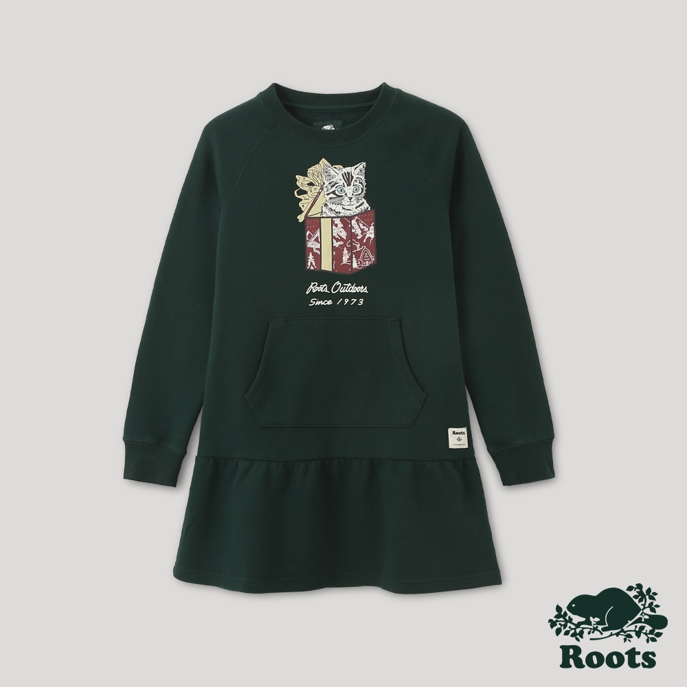 【Roots】大童-經典傳承系列 禮物盒貓咪長袖洋裝