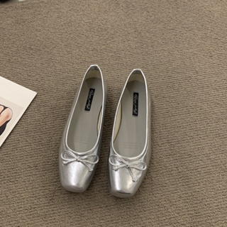 韓國春夏新款銀色蝴蝶結娃娃鞋平底鞋懶人鞋