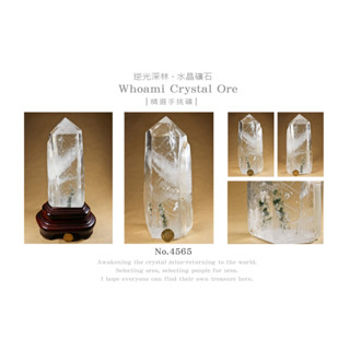 (免運+優惠卷)No.4565【讓藏品】巴西-單尖白水晶柱共生綠幽靈+專製木底座 / 風水擺件大礦