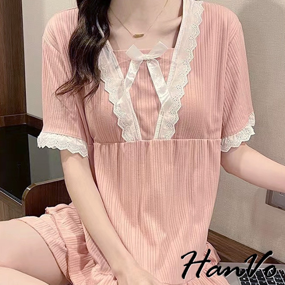 【HanVo】蕾絲邊直紋居家睡衣套裝 甜美牛奶絲兩件式套裝 韓系女裝 女生衣著 5992