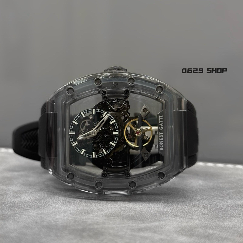 BONEST GATTI 酒桶形機械錶 BG9960-A1  送模型車 煙燻黑框黑色 橡膠錶帶男士手錶 機械錶款類陀飛輪