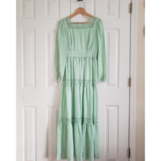 Vintage 薄荷綠 棉麻 蕾絲 拼接 蛋糕裙 洋裝 禮服