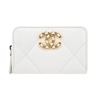 CHANEL 19系列經典金屬LOGO菱格紋小羊皮零錢包(白色)｜100%原廠真品｜JS Maxx官方旗艦館