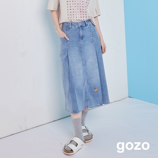 【gozo】修身打褶造型牛仔長裙(淺藍_M/L) | 牛仔 修身 百搭