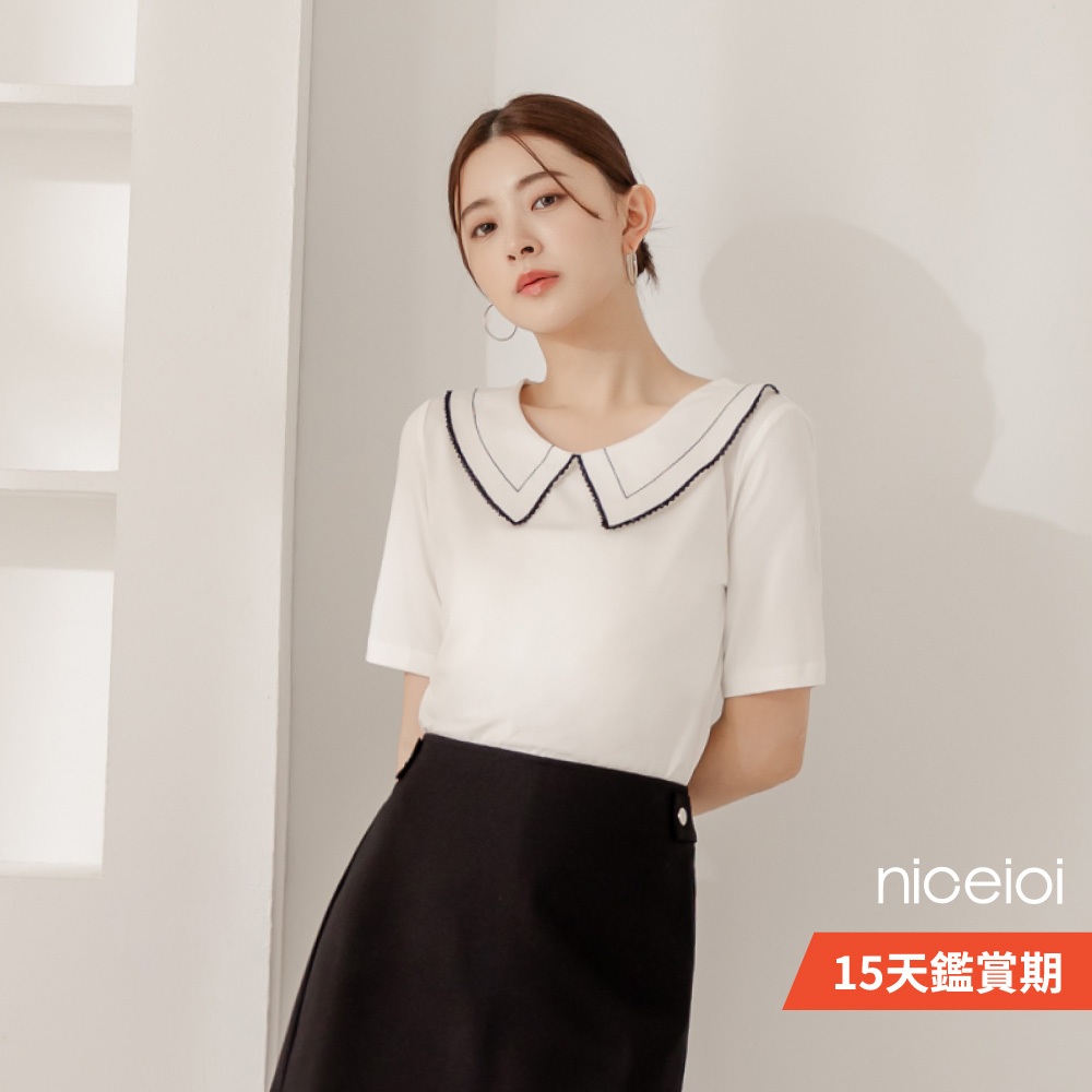 【niceioi】涼感衣 翻領上衣 短袖上衣 涼感衣白色 韓系溫柔蕾絲涼感翻領上衣 SGS認證 韓系穿搭