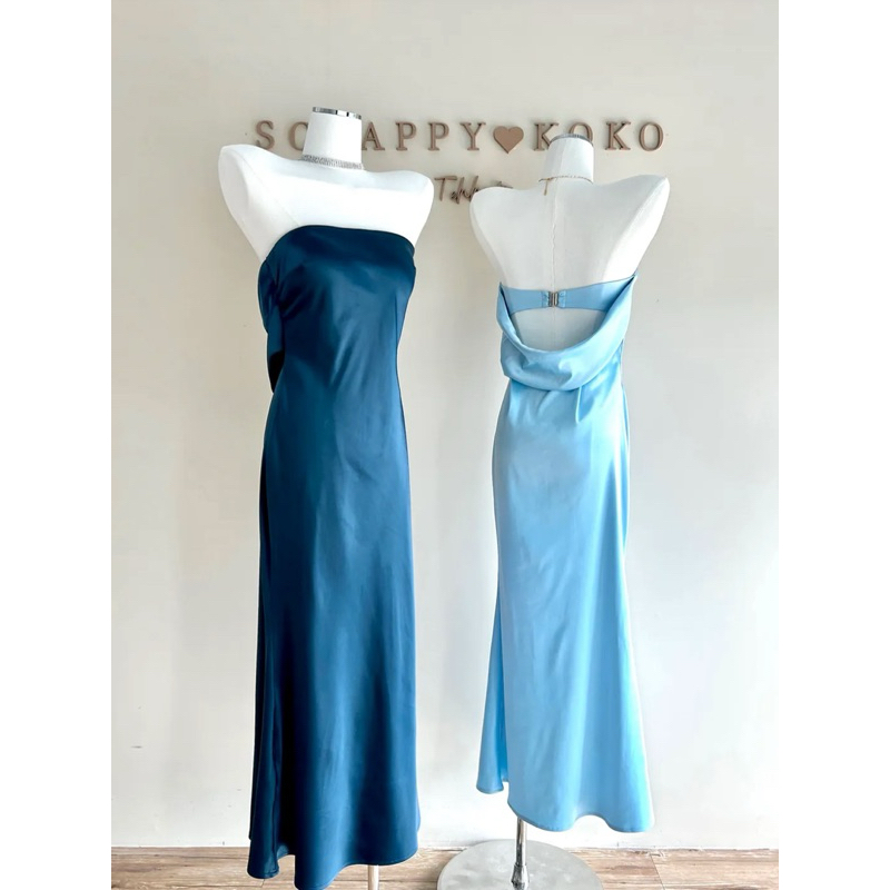 Scrappy koko 波光粼粼 平口緞面魚尾長洋裝 緞面長洋裝 bra洋裝 bra長洋裝 緞面洋裝 藍色洋裝 有胸墊